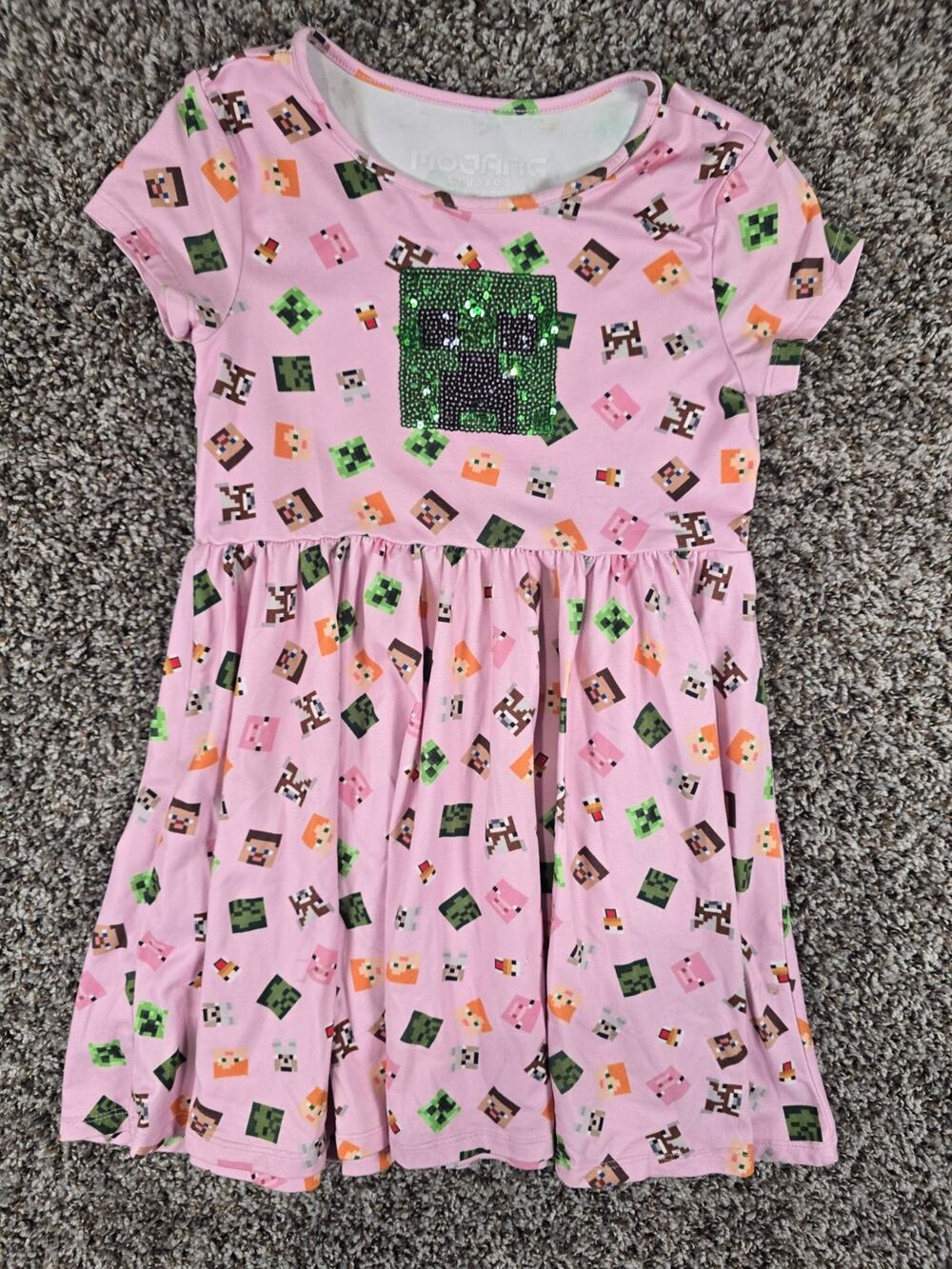 Minecraft girl's Sz XS dress with a sequin Creeper face on the front Pink